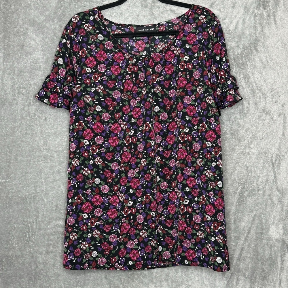 Lane Bryant 26 3X Shirt Top Fuchsia Pink Floral Flower Short Sleeve Round‎ Neck